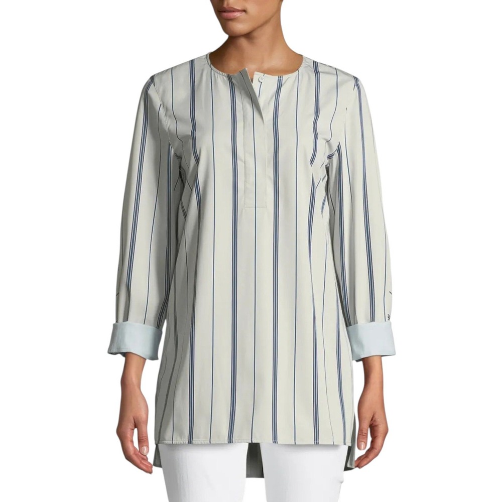 Lafayette 148 Tilly Sonoran Striped Blouse XL Sage Cotton Popover Tunic Top Luxe